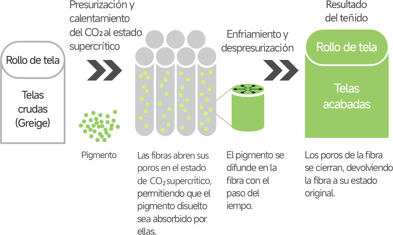 Principio del teñido con CO2 supercrítico